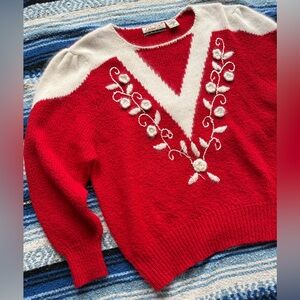 Vintage 80s Diana Marco red floral flower sweater women’s XL